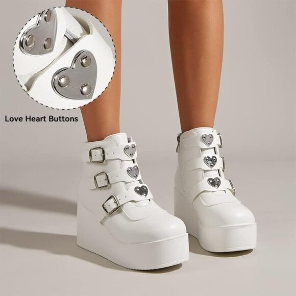 🆕 LUCKY STEP White PU Chunky Platform Ankle Boots Zip Buckle Goth Booties - Picture 4 of 7